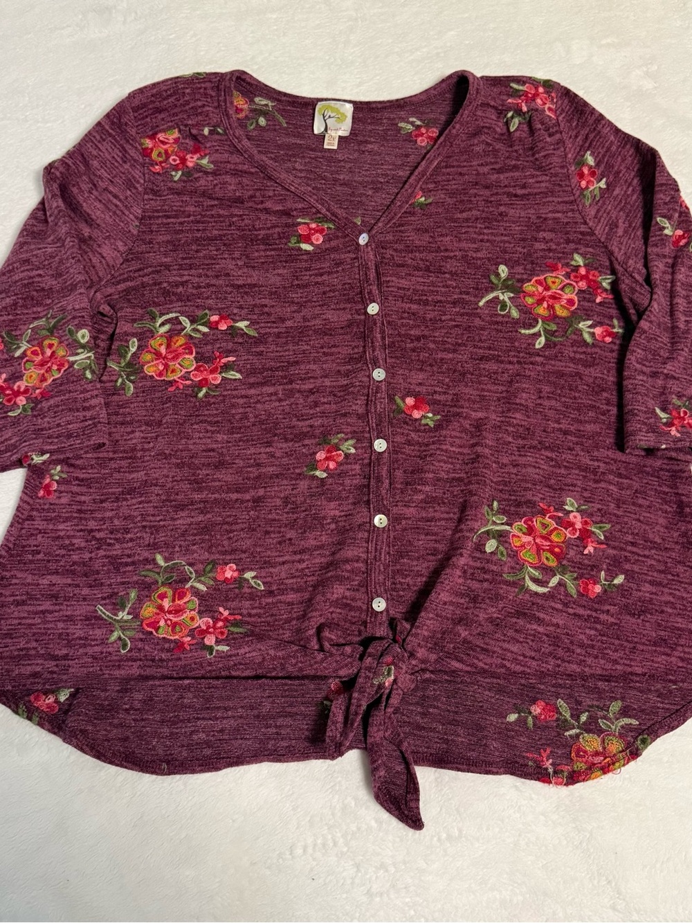 Fig and Flowers Women 2X Purple Floral Embroidered Tie Front Cardigan Top Boho